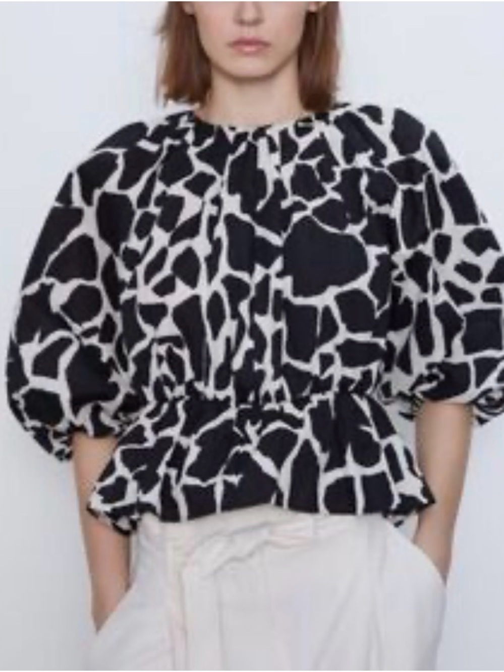 Zara Black & White Giraffe Print Puff Sleeve Peplum Top